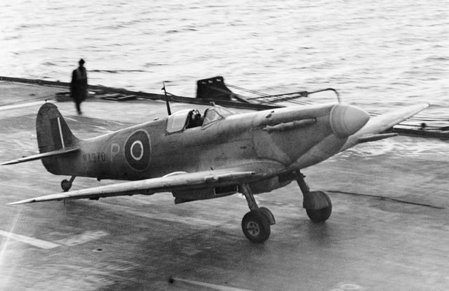 Supermarine Seafire lands aboard HMS Illustrious in 1943 (Imperial War Museum)